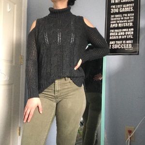 Knit Turtleneck Shoulder Crop Sweater
